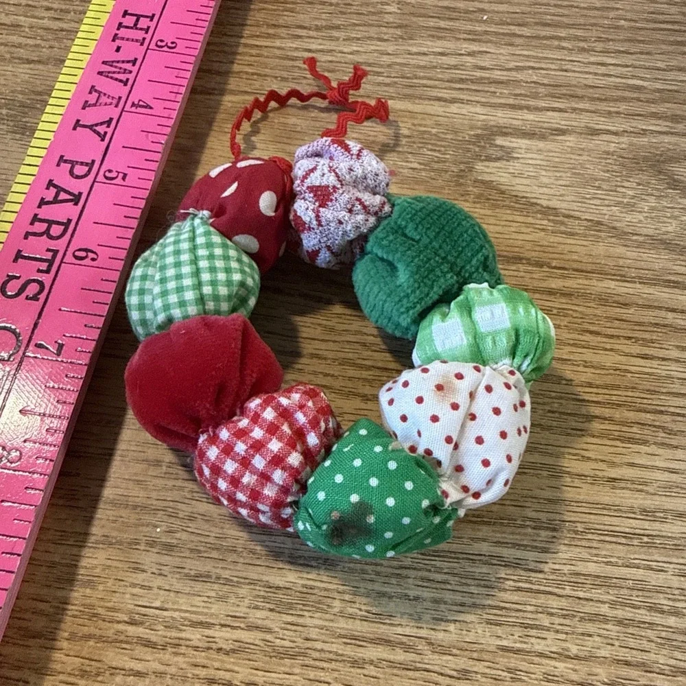 6 Vintage handmade fabric puff wreath Christmas Ornaments